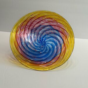 Hand Blown Glass Footed Wide Rim 9” Multicolor Swirl Glass Bowl
